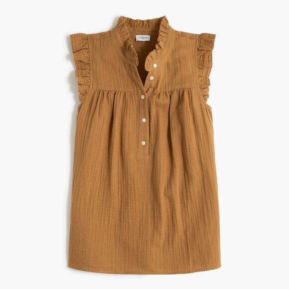 J. CREW Factory Gauze Smocked Ruffle Neck Top Warm Brandy Tan Sz XL NWT {WW2} - Picture 2 of 4